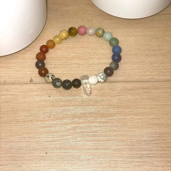 CRYSTALINE HEALING CHAKRA MULTI STONE BEADED BRACELET WITH CLEAR QUARTZ CRYSTAL - Picture 11 of 11